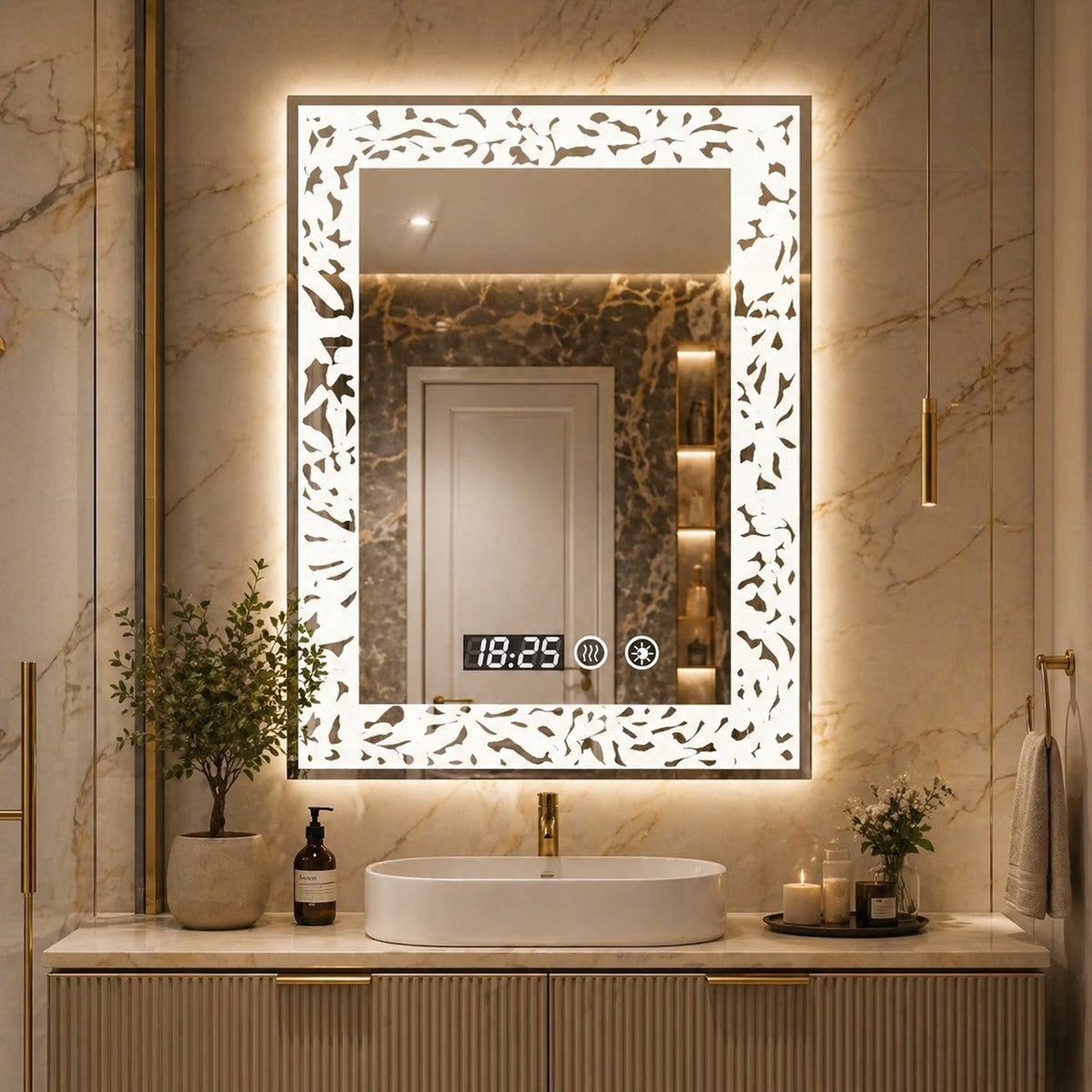 Oglinda LED baie 60x80 cm margini ornamentale iluminare reglabila touch ceas digital