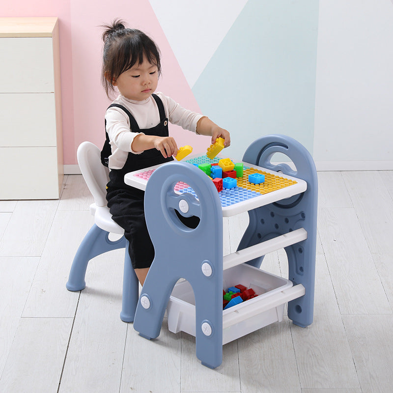 Set masa si scaun pentru copii, interactiva 2 in 1 cu tabla de scris si masa lego, cu 2 carioci si jucarii lego incluse