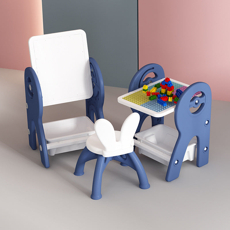 Set masa si scaun pentru copii, interactiva 2 in 1 cu tabla de scris si masa lego, cu 2 carioci si jucarii lego incluse