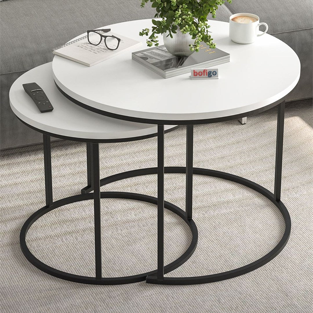 Set 2 masute Hilal Zigon, masute cafea 60 x 50 cm, stil Zigon se imping una sub alta, picioare metalice + blat PAL melaminat 18 mm clasa E1, perfecte living birou sau apartament mic, stil modern scandinav Alb - vedere principala