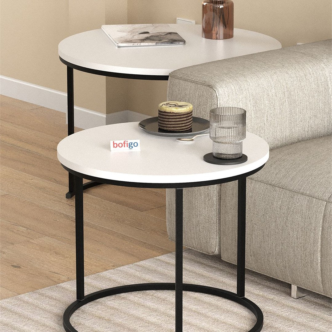 Set 2 masute Hilal Zigon, masute cafea 60 x 50 cm, stil Zigon se imping una sub alta, picioare metalice + blat PAL melaminat 18 mm clasa E1, perfecte living birou sau apartament mic, stil modern scandinav Alb - detaliu 3