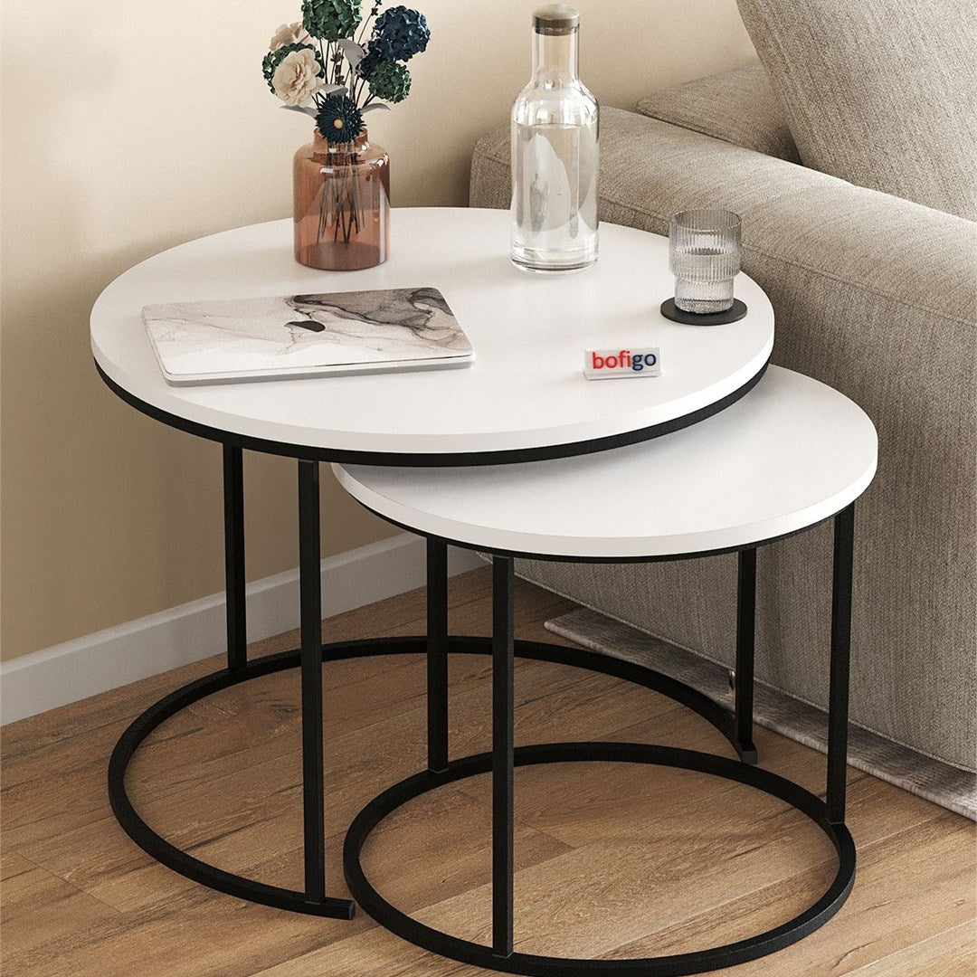 Set 2 masute Hilal Zigon, masute cafea 60 x 50 cm, stil Zigon se imping una sub alta, picioare metalice + blat PAL melaminat 18 mm clasa E1, perfecte living birou sau apartament mic, stil modern scandinav Alb - detaliu 5