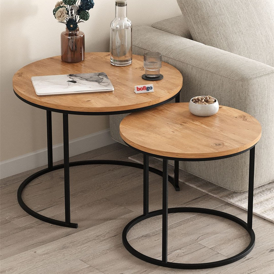 Set 2 masute Hilal Zigon, masute cafea 60 x 50 cm, stil Zigon se imping una sub alta, picioare metalice + blat PAL melaminat 18 mm clasa E1, perfecte living birou sau apartament mic, stil modern scandinav Pin natur - detaliu 2