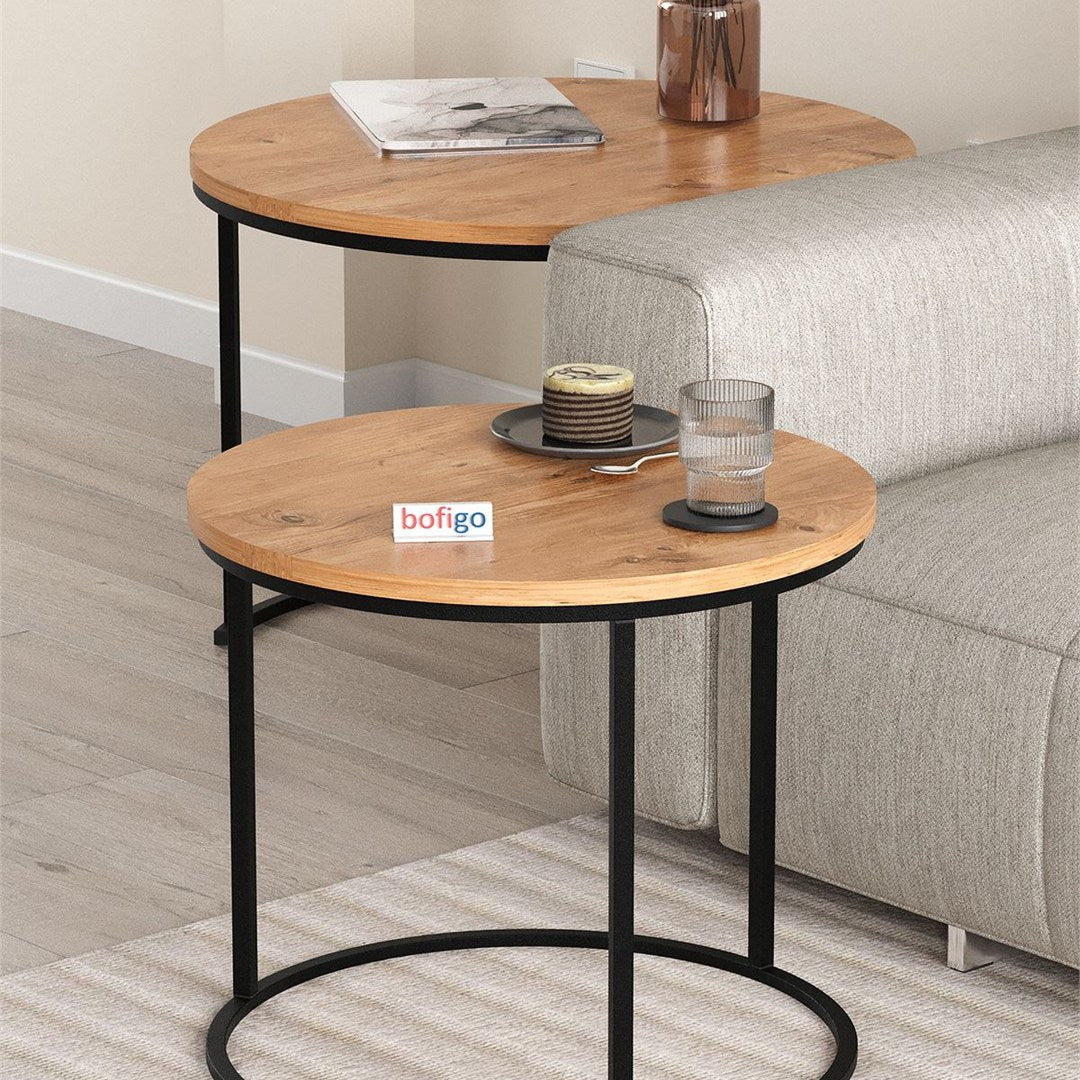 Set 2 masute Hilal Zigon, masute cafea 60 x 50 cm, stil Zigon se imping una sub alta, picioare metalice + blat PAL melaminat 18 mm clasa E1, perfecte living birou sau apartament mic, stil modern scandinav Pin natur - detaliu 3