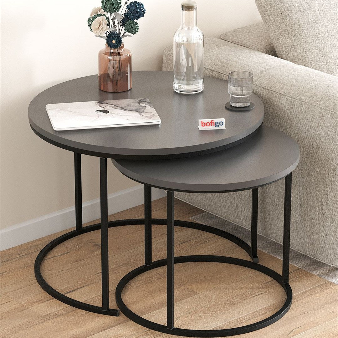 Set 2 masute Hilal Zigon, masute cafea 60 x 50 cm, stil Zigon se imping una sub alta, picioare metalice + blat PAL melaminat 18 mm clasa E1, perfecte living birou sau apartament mic, stil modern scandinav Antracit - detaliu 5