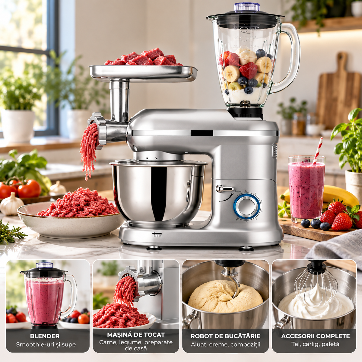 Robot de bucatarie 1400W cu bol inox 5.5L – mixer, tocator si blender multifunctional, argintiu