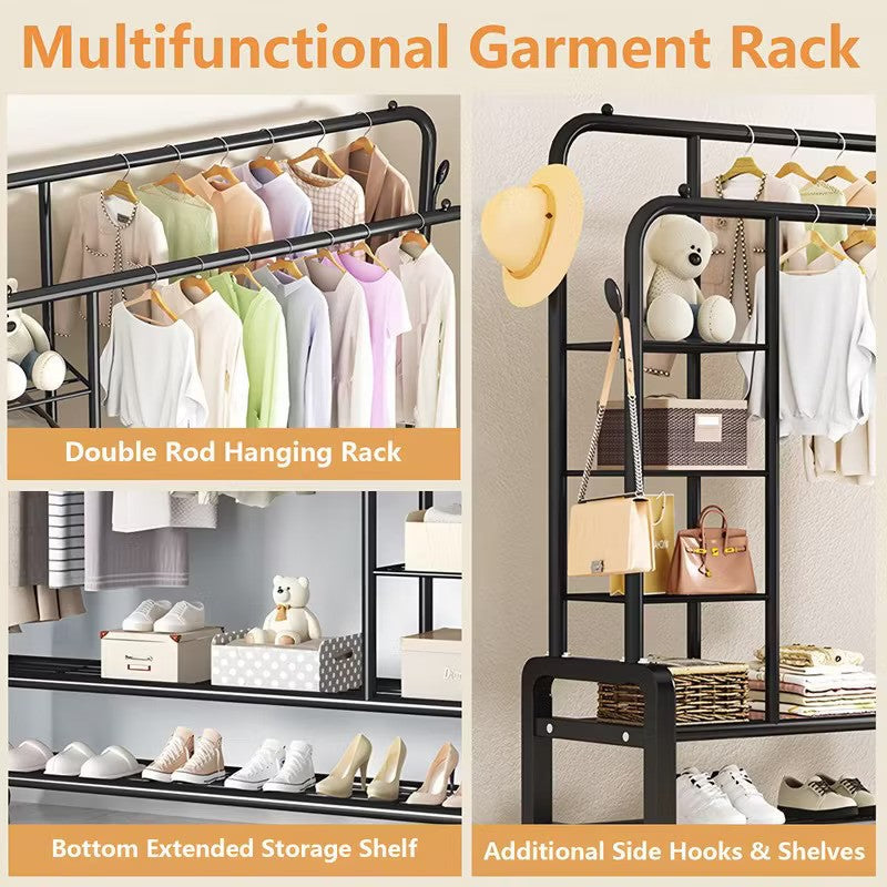 Suport Dublu Umerase Haine Stand Metalic Organizator 162x135cm Negru cu Roti