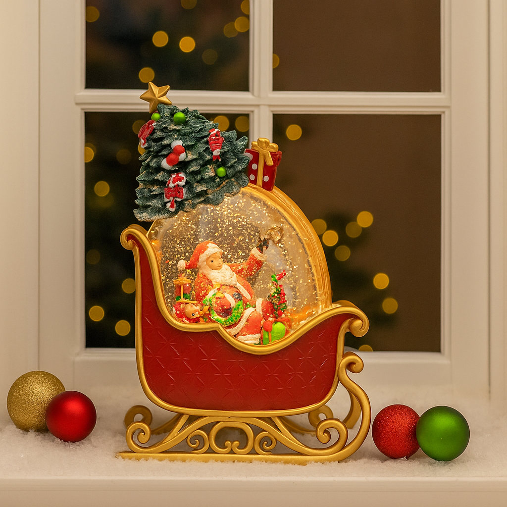 Lampa decorativa Craciun cu Mos Craciun in sanie, lumina si 8 melodii festive