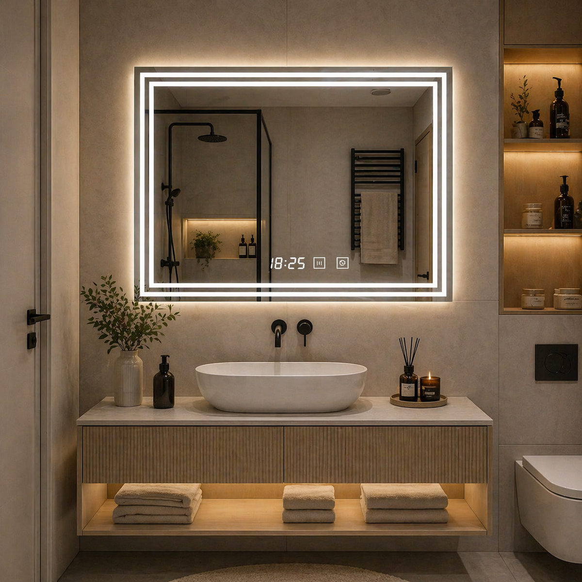 Oglinda LED moderna 80x60 cm cu 2 benzi integrate, touch, dezaburire si ceas digital