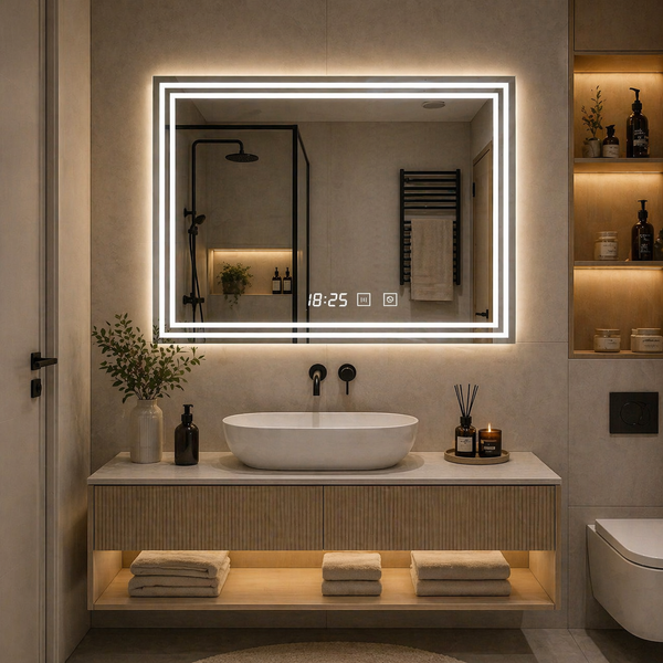 Oglinda LED moderna 80x60 cm cu 2 benzi integrate, touch, dezaburire si ceas digital