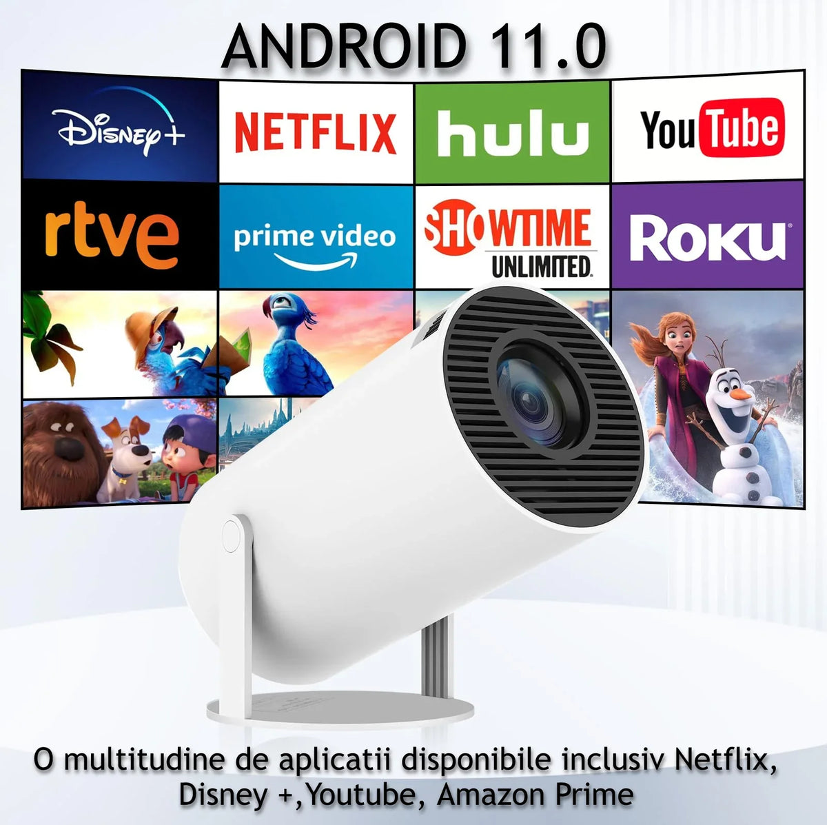 Videoproiector Inteligent 4K – HY300 PRO, Android TV 11.0, WiFi 6, Bluetooth 5.0, Ecran 130'', 200 ANSI