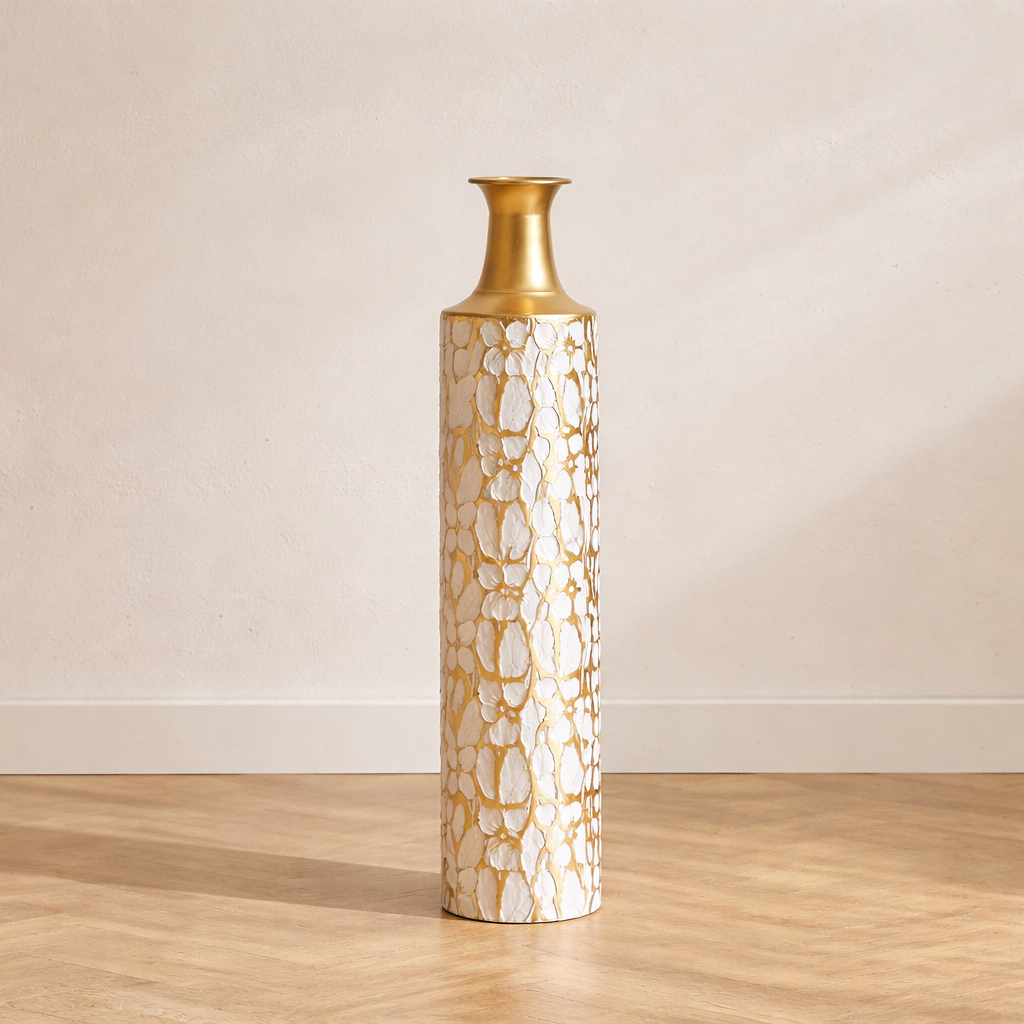 Vaza decorativa de podea 71 cm din metal alb si auriu model floral elegant