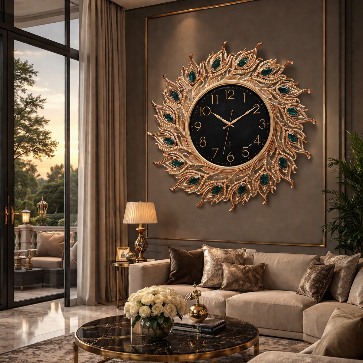 Ceas de perete decorativ 70 cm model pene de paun design elegant premium silentios