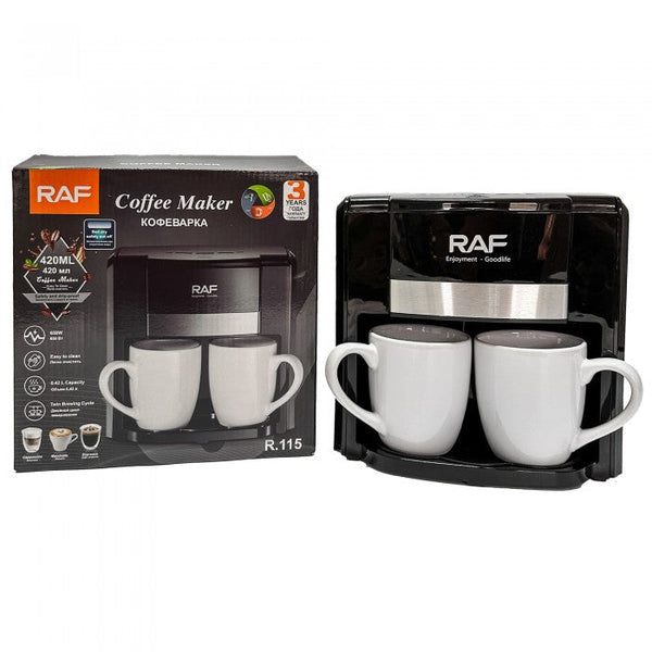 Aparat de cafea RAF 1000W cu 2 cani ceramice si lingura de masurare incluse, 420ml