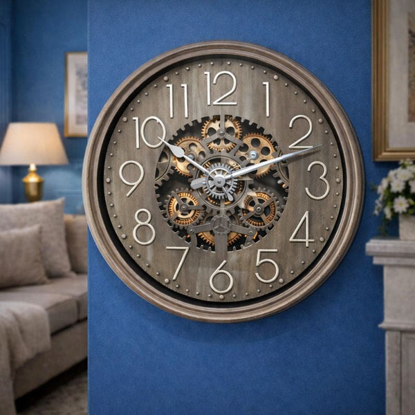 Ceas de perete decorativ cu mecanism vizibil design industrial vintage, 50cm