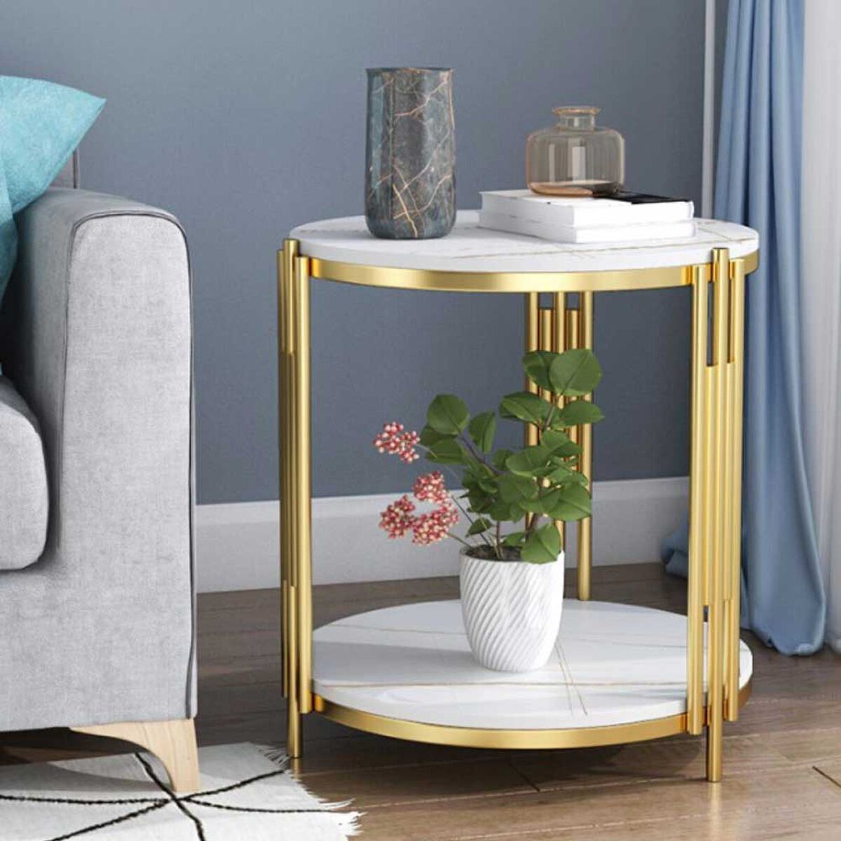 RESIGILAT - Masuta rotunda pe 2 nivele, blat tip piatra, cadru metalic auriu, design elegant, 60x30 cm