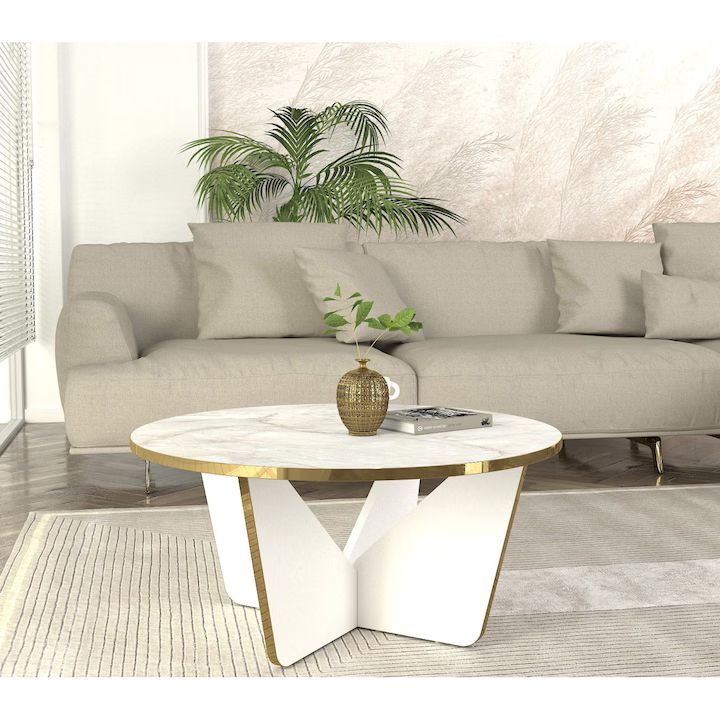 Masuta de cafea rotunda, blat tip marmura, cadru metalic auriu, design modern premium – 75x75x35 cm