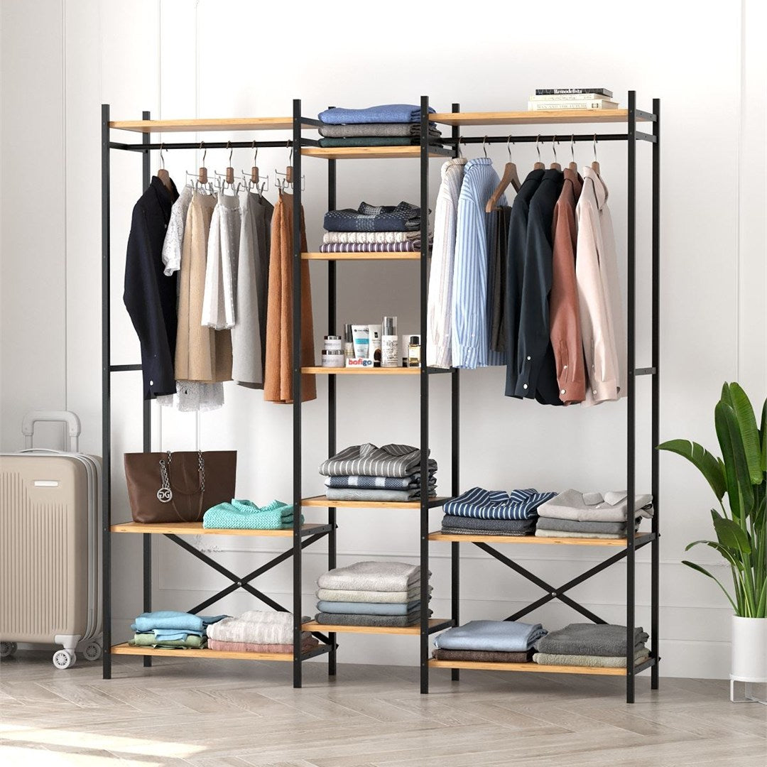 Dulap metalic deschis OpenIX cu 10 rafturi, dressing industrial 120 x 180 cm, 10 compartimente cu bara umerase, cadru metalic + polite PAL melaminat 18 mm, capacitate mare depozitare, stil industrial loft Pin natur - detaliu 2
