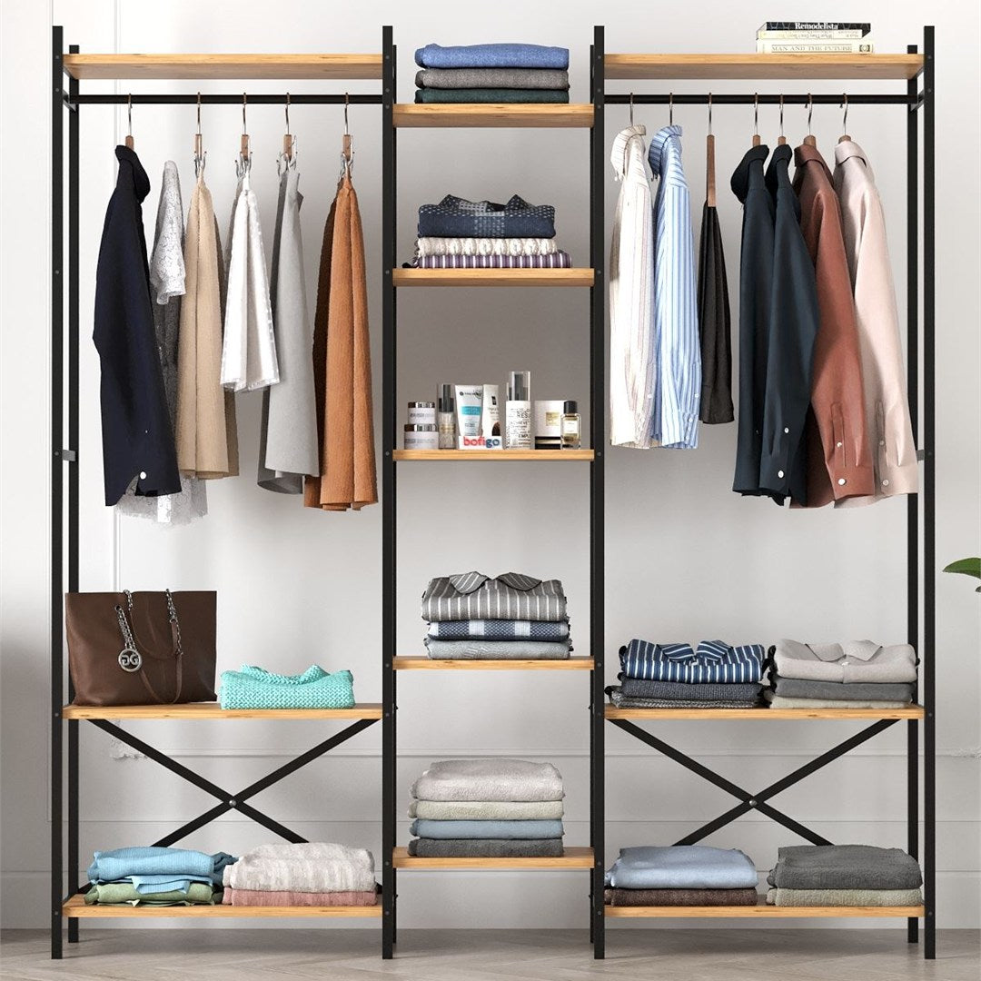 Dulap metalic deschis OpenIX cu 10 rafturi, dressing industrial 120 x 180 cm, 10 compartimente cu bara umerase, cadru metalic + polite PAL melaminat 18 mm, capacitate mare depozitare, stil industrial loft Pin natur - detaliu 3