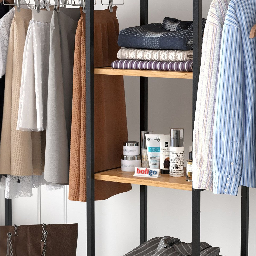 Dulap metalic deschis OpenIX cu 10 rafturi, dressing industrial 120 x 180 cm, 10 compartimente cu bara umerase, cadru metalic + polite PAL melaminat 18 mm, capacitate mare depozitare, stil industrial loft Pin natur - detaliu 4