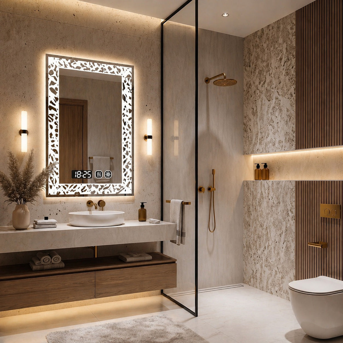 Oglinda LED baie 60x80 cm margini ornamentale iluminare reglabila touch ceas digital
