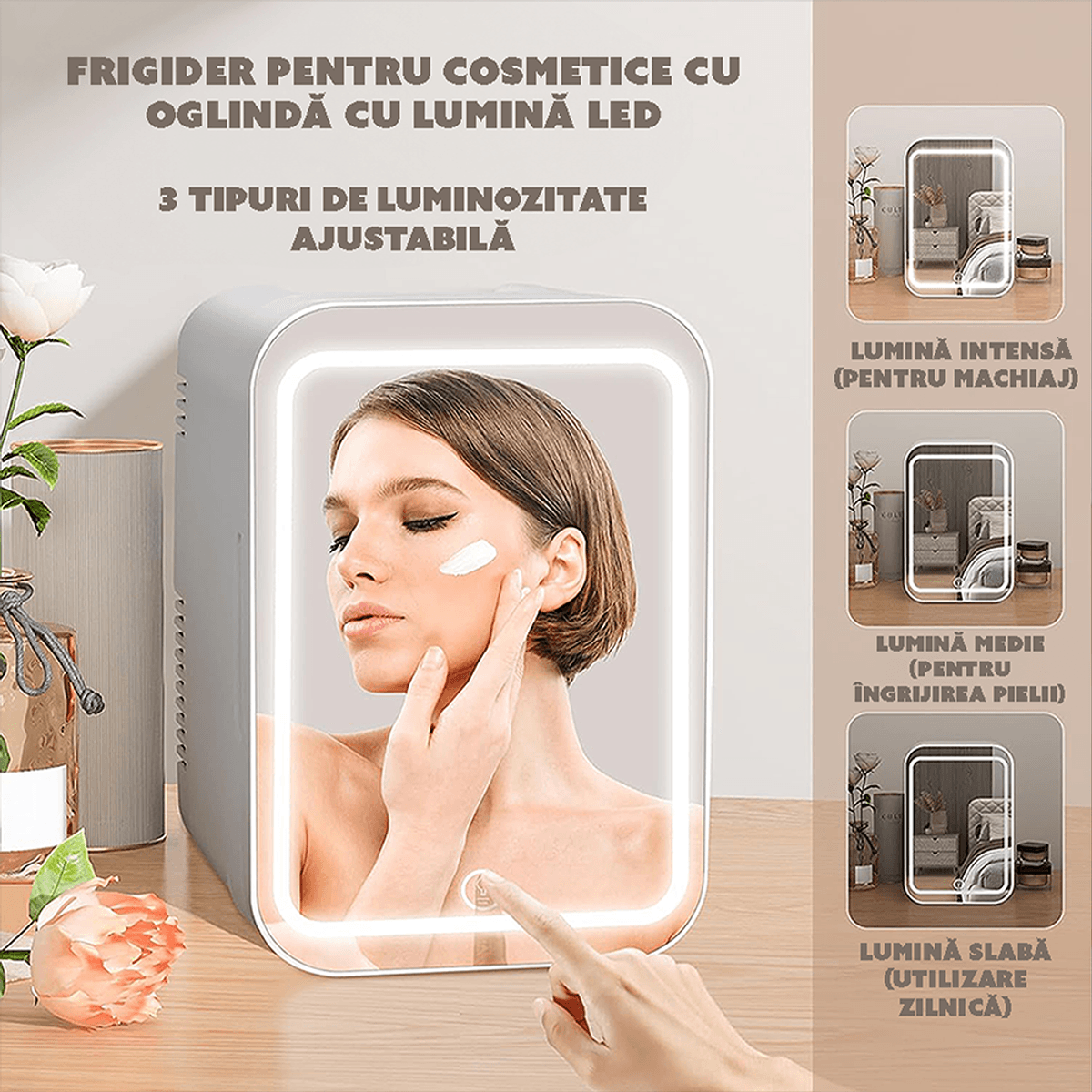 Mini Frigider pentru Cosmetice, functie de Racire si Incalzire, capacitate 4 litri, cu Oglinda si Iluminare LED, 12 V si 220 V