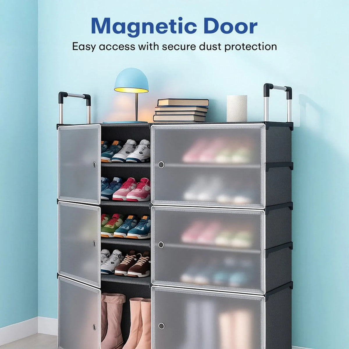 Pantofar Modular cu 6 Compartimente, 81 × 29 × 96 cm, Uși Magnetice Semitransparente, Structură Metalică, Negru/Gri - detaliu produs