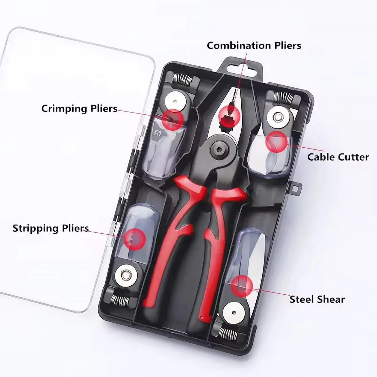 Clește multifuncțional 5 în 1 cu capete interschimbabile, Patent, Taietor Cablu, Dezizolator, Cleste Sertizare, Foarfeca de tabla, cap interschimbabil, maner ergonomic, izolat electric