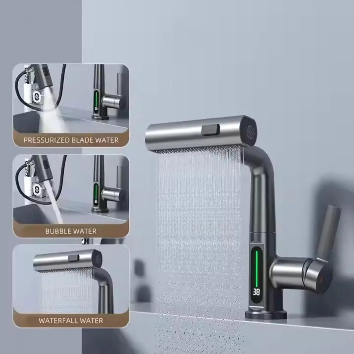 Baterie baie/bucatarie cu display temperatura, curgere tip cascada, jet sau spray, dus extractibil