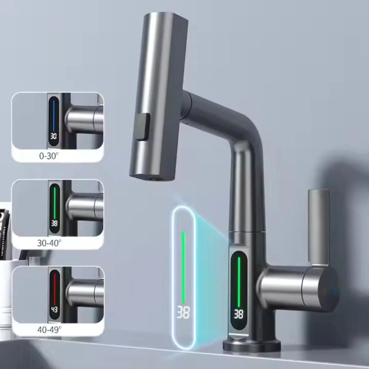 Baterie baie/bucatarie cu display temperatura, curgere tip cascada, jet sau spray, dus extractibil