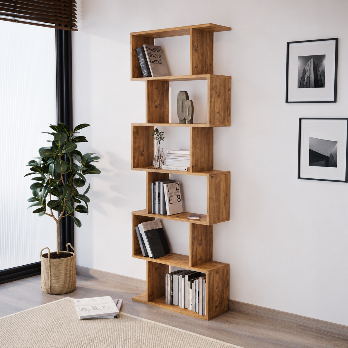 Biblioteca zig-zag din PAL 80x25x190,2 cm, cu 6 rafturi, pentru carti si decoratiuni
