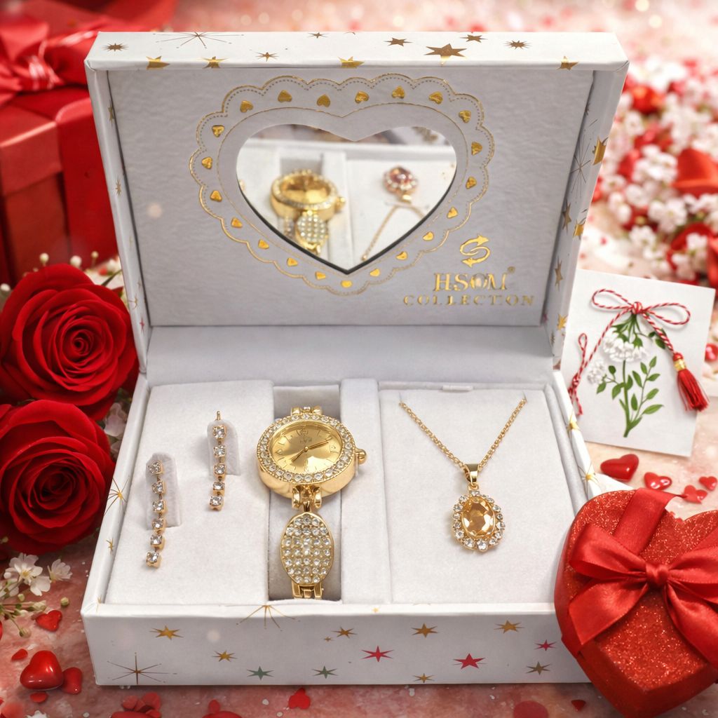 Set cadou ceas dama cu colier si cercei in cutie premium
