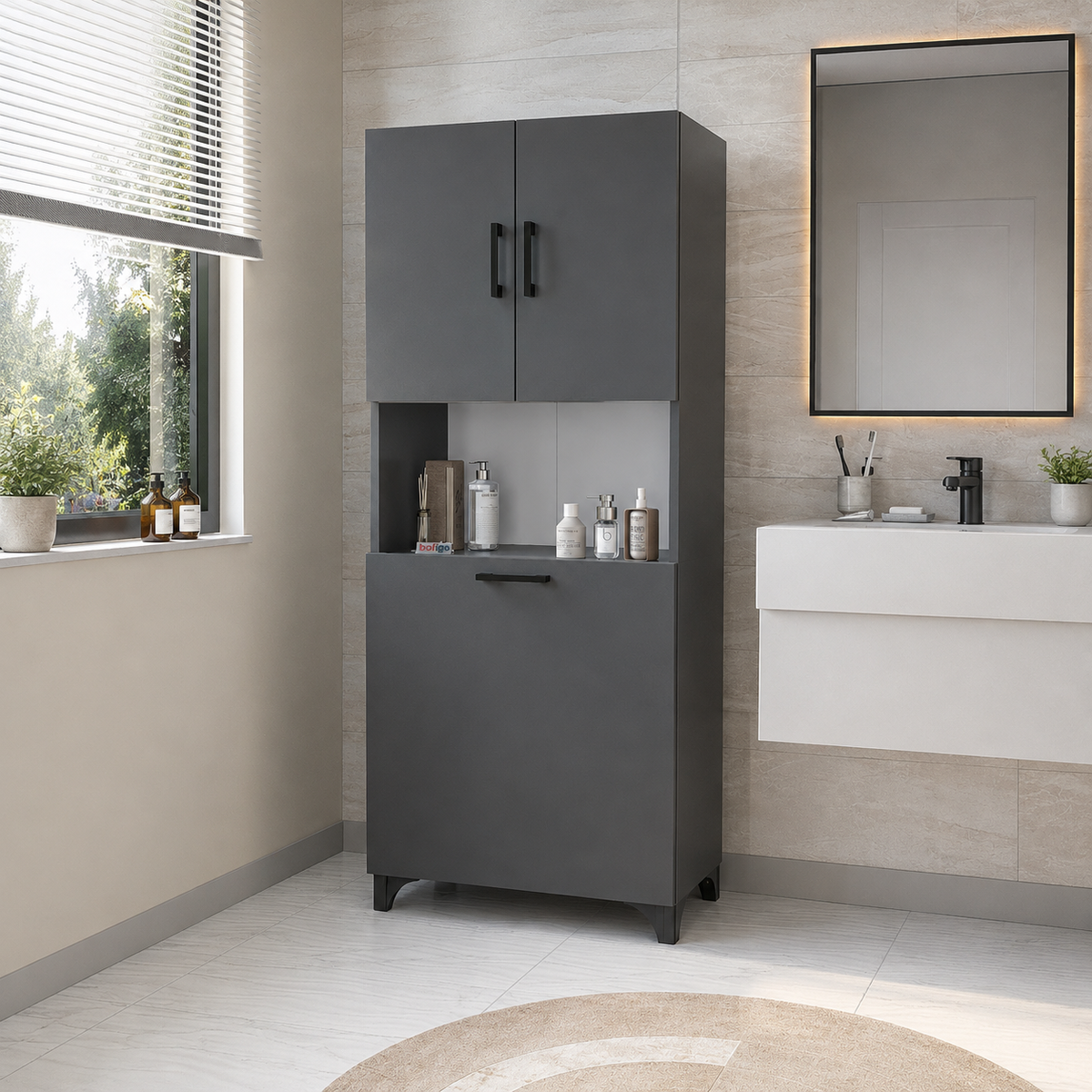 Dulap multifunctional pentru baie sau bucatarie, cu spatiu pentru cos de rufe, 60 x 33,8 x 153,6 cm