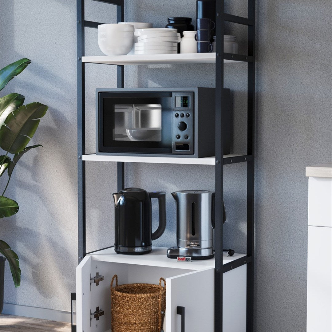 Raft bucatarie Colombia cu 5 rafturi, 70 x 160 cm polite deschise aspect industrial, cadru metalic negru + PAL melaminat 18 mm, capacitate 40 kg per nivel, ideal bucatarie sau camara, stil loft modern Alb - detaliu 2