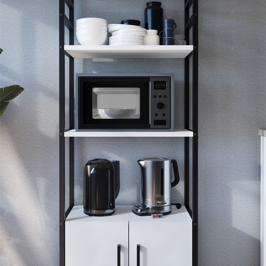 Raft bucatarie Colombia cu 5 rafturi, 70 x 160 cm polite deschise aspect industrial, cadru metalic negru + PAL melaminat 18 mm, capacitate 40 kg per nivel, ideal bucatarie sau camara, stil loft modern Alb - detaliu 3