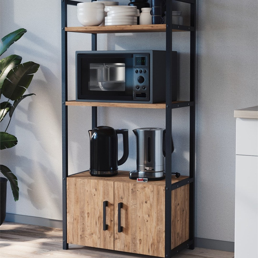 Raft bucatarie Colombia cu 5 rafturi, 70 x 160 cm polite deschise aspect industrial, cadru metalic negru + PAL melaminat 18 mm, capacitate 40 kg per nivel, ideal bucatarie sau camara, stil loft modern Pin natur - vedere principala