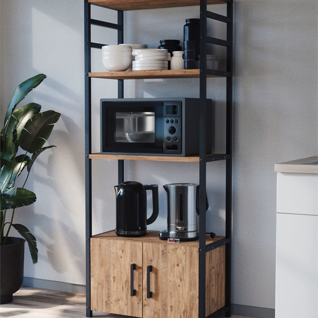 Raft bucatarie Colombia cu 5 rafturi, 70 x 160 cm polite deschise aspect industrial, cadru metalic negru + PAL melaminat 18 mm, capacitate 40 kg per nivel, ideal bucatarie sau camara, stil loft modern Pin natur - detaliu 2