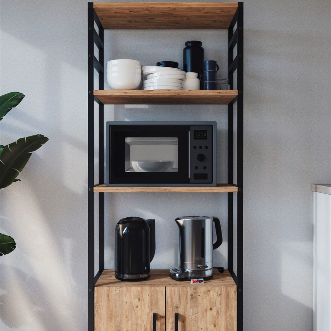 Raft bucatarie Colombia cu 5 rafturi, 70 x 160 cm polite deschise aspect industrial, cadru metalic negru + PAL melaminat 18 mm, capacitate 40 kg per nivel, ideal bucatarie sau camara, stil loft modern Pin natur - detaliu 3