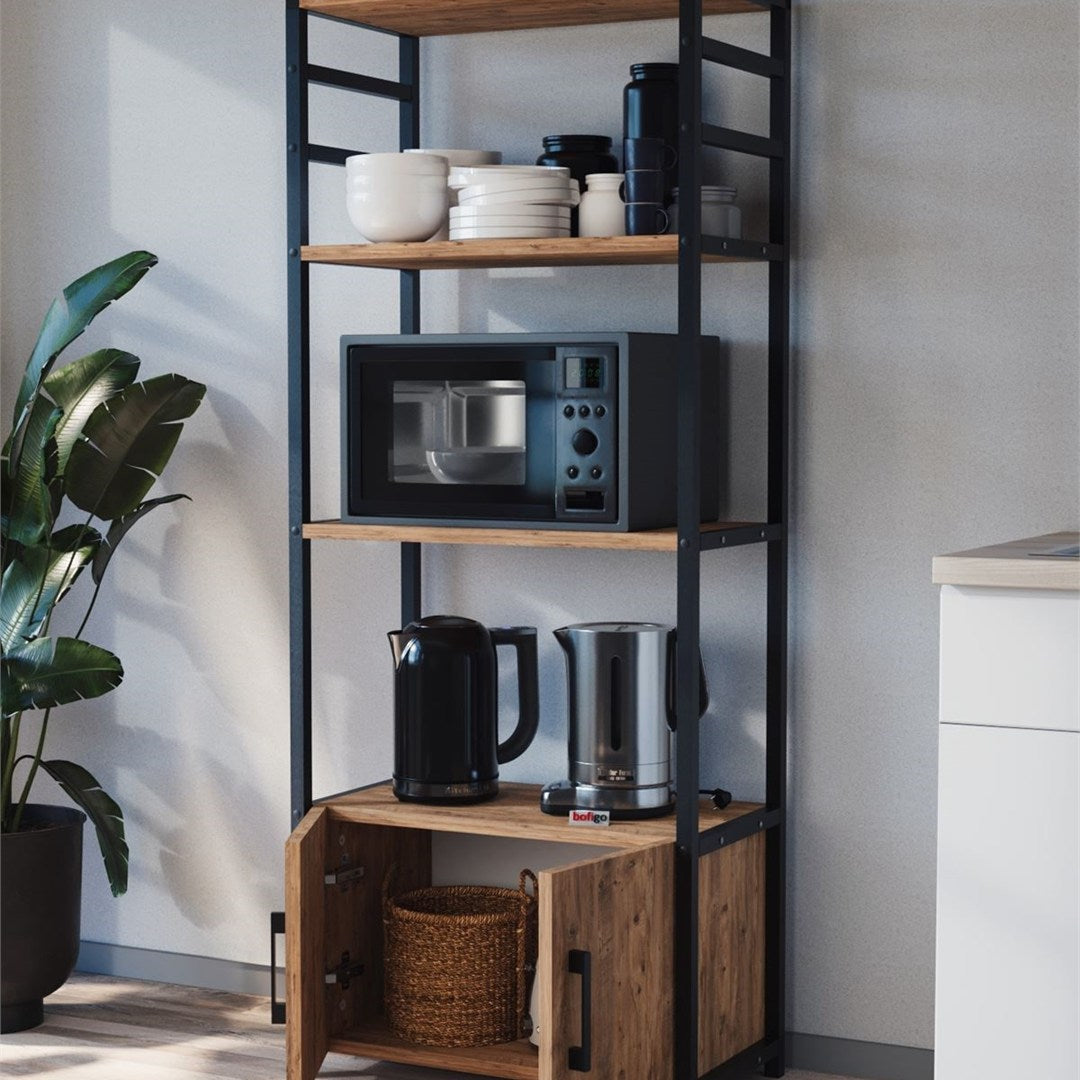 Raft bucatarie Colombia cu 5 rafturi, 70 x 160 cm polite deschise aspect industrial, cadru metalic negru + PAL melaminat 18 mm, capacitate 40 kg per nivel, ideal bucatarie sau camara, stil loft modern Pin natur - detaliu 4