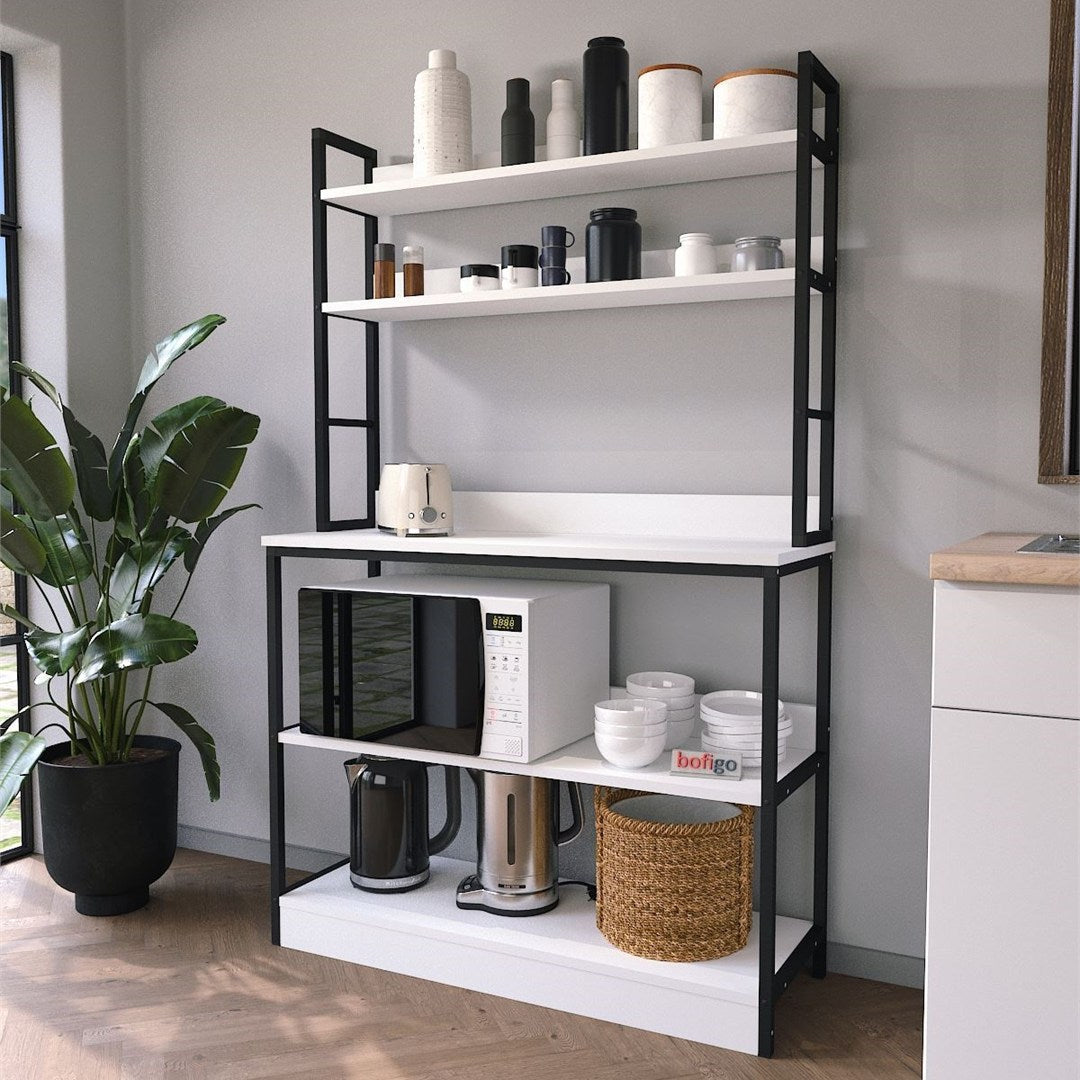 Raft bucatarie Panama cu rafturi deschise si inchise, 80 x 170 cm, suport dedicat microunde si accesorii mari, cadru metalic rezistent + PAL melaminat 18 mm, stil industrial modern pentru bucatarie sau camara Alb - vedere principala