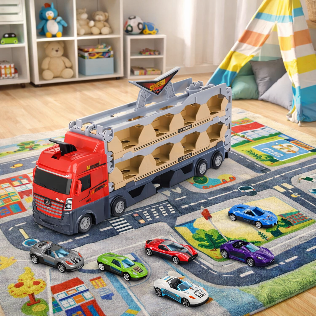 Jucarie Set Camion Trailer pentru Transport Masinute de curse, Tir cu 6 Masini Incluse pentru Copii de 3,4,5,6 ani, Catapultare Vehicule, Platforma si Pista de curse, Prelungire 2.0m