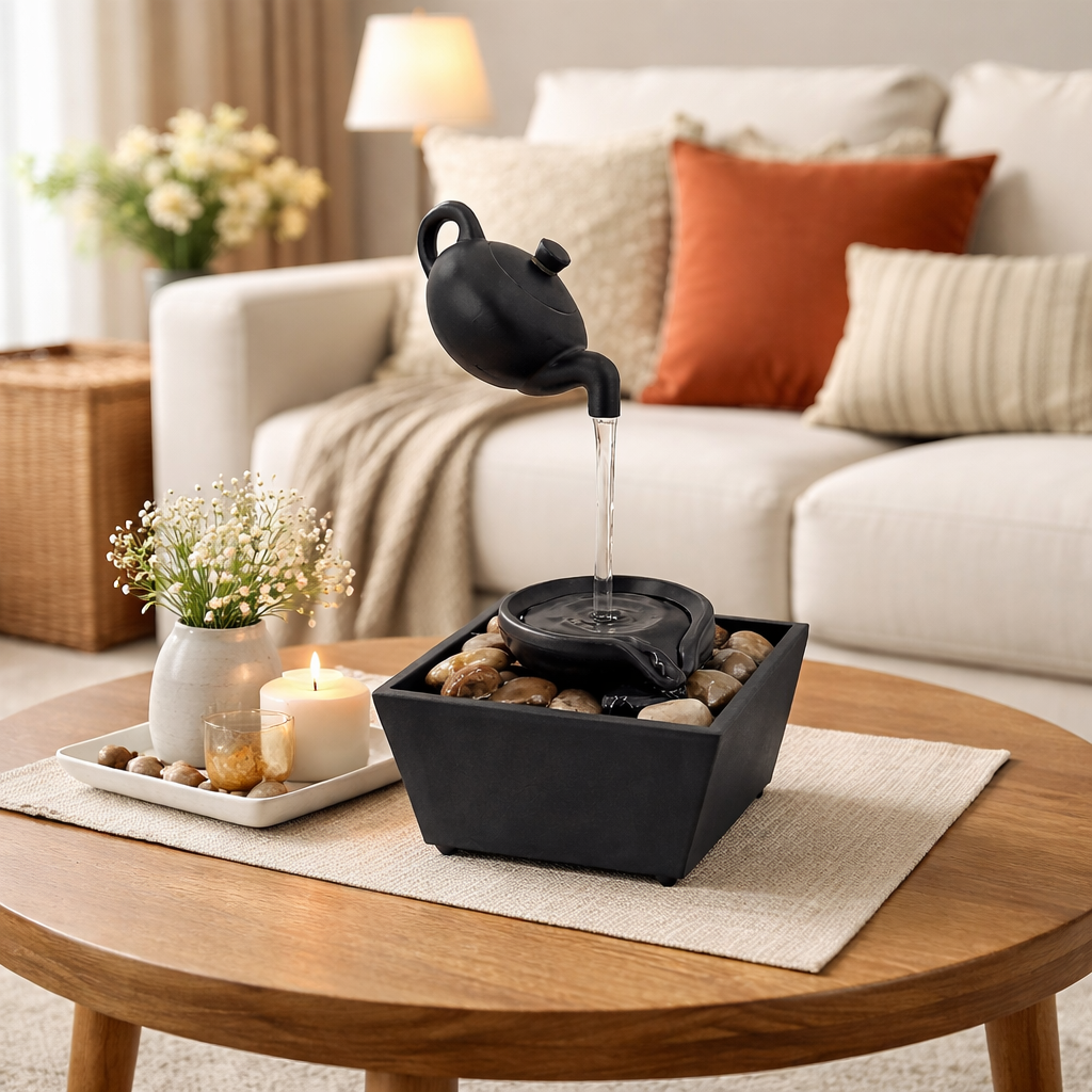 Fantana decorativa cu ceainic suspendat, alimentare USB si baterii, 27.5x11.7x11.7cm, cu lumini LED si pietre, negru, 404g