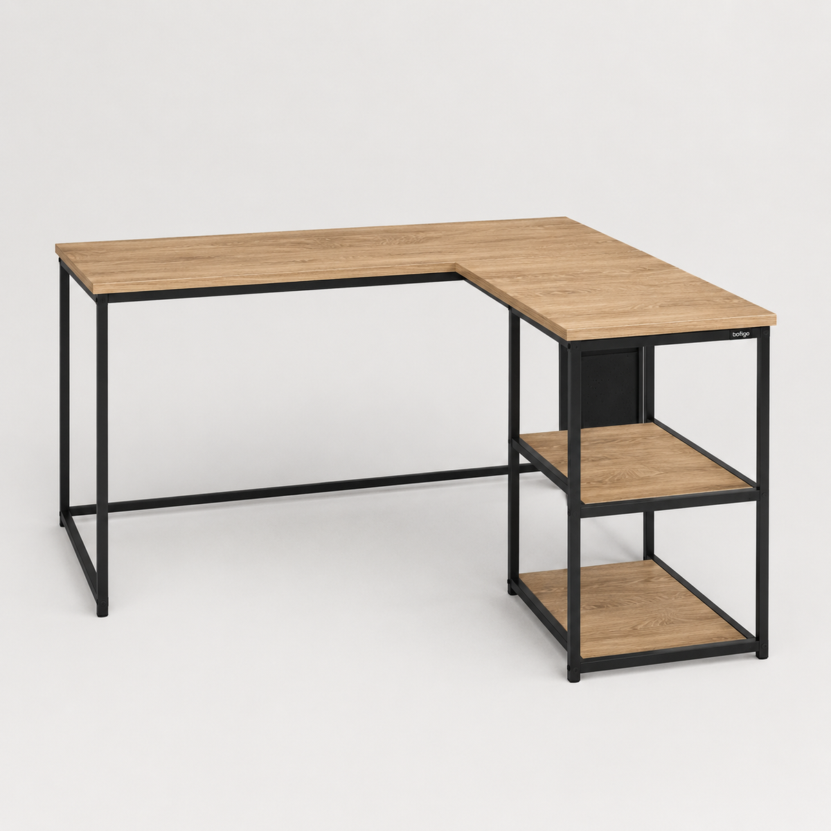 Birou de colt in forma L 140x147,8x73,8 cm, cu rafturi integrate si cadru metalic, pentru home office sau birou