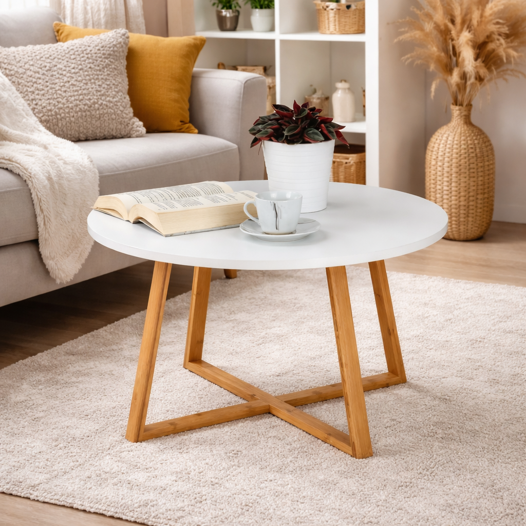 Masa de cafea rotunda 60 cm blat MDF picioare bambus design modern