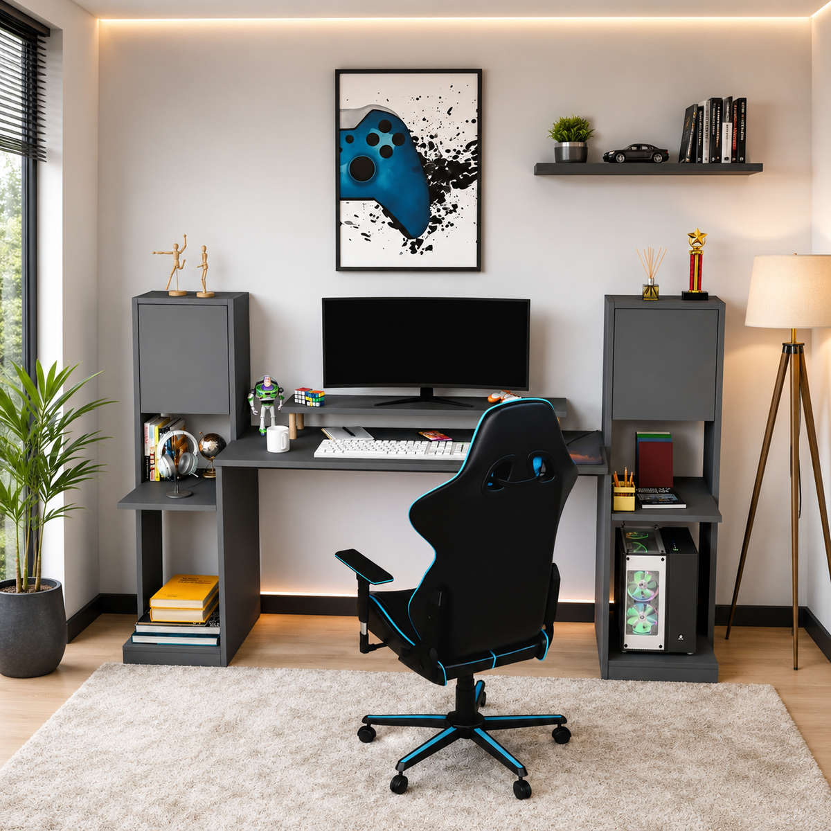 Birou gaming Throne antracit cu rafturi și dulapuri, 183 x 45 x 120 cm - detaliu produs