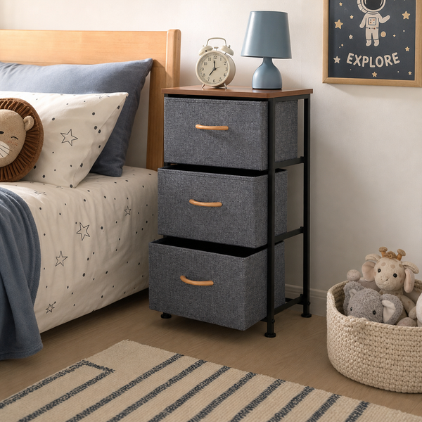 Noptiera cu 3 Sertare Textil Blat Lemn Cadru Metalic 40x30x74cm Gri - in context de utilizare