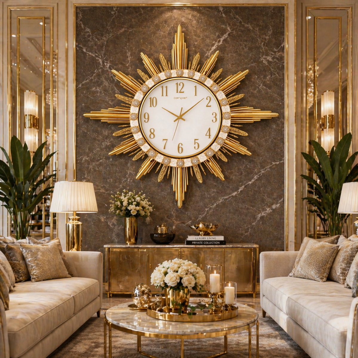 Ceas de perete decorativ auriu 87 cm, model elegant cu efect luxury