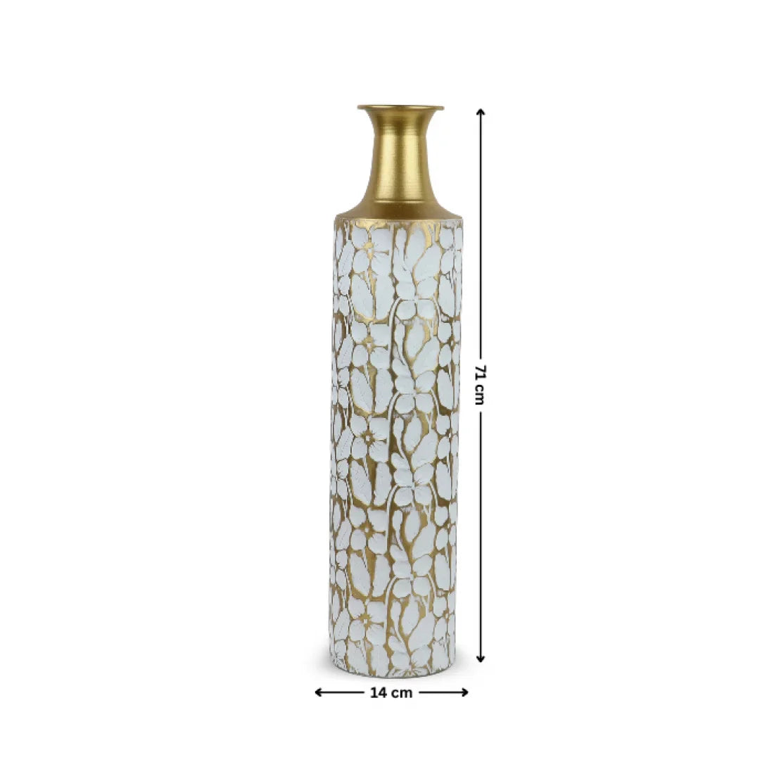 Vaza decorativa de podea 71 cm din metal alb si auriu model floral elegant