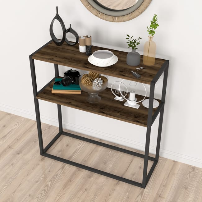 Masă consola decorativa cu 2 rafturi, 90x90x33,5 cm, efect stejar și cadru metalic