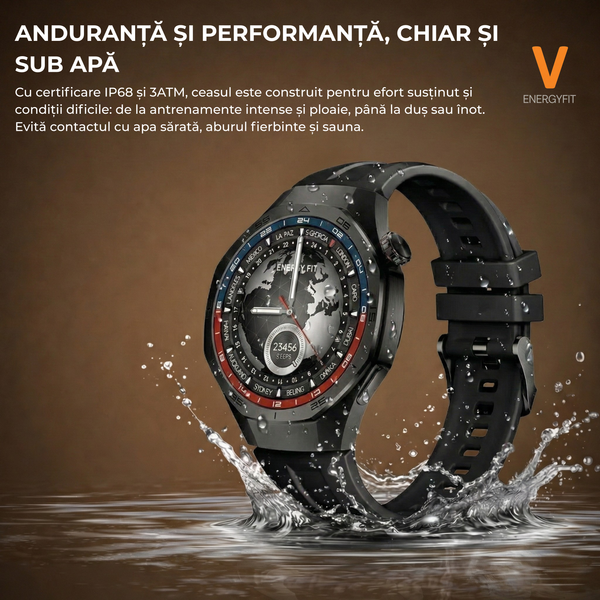 Ceas Smartwatch ENERGYFIT, Ecran AMOLED 1.43", Apel Bluetooth, ChatGPT AI, Notificari Romana, Fitness, Sport, Rezistent Apa 5ATM, Incarcare Wireless, 2 Curele, Negru